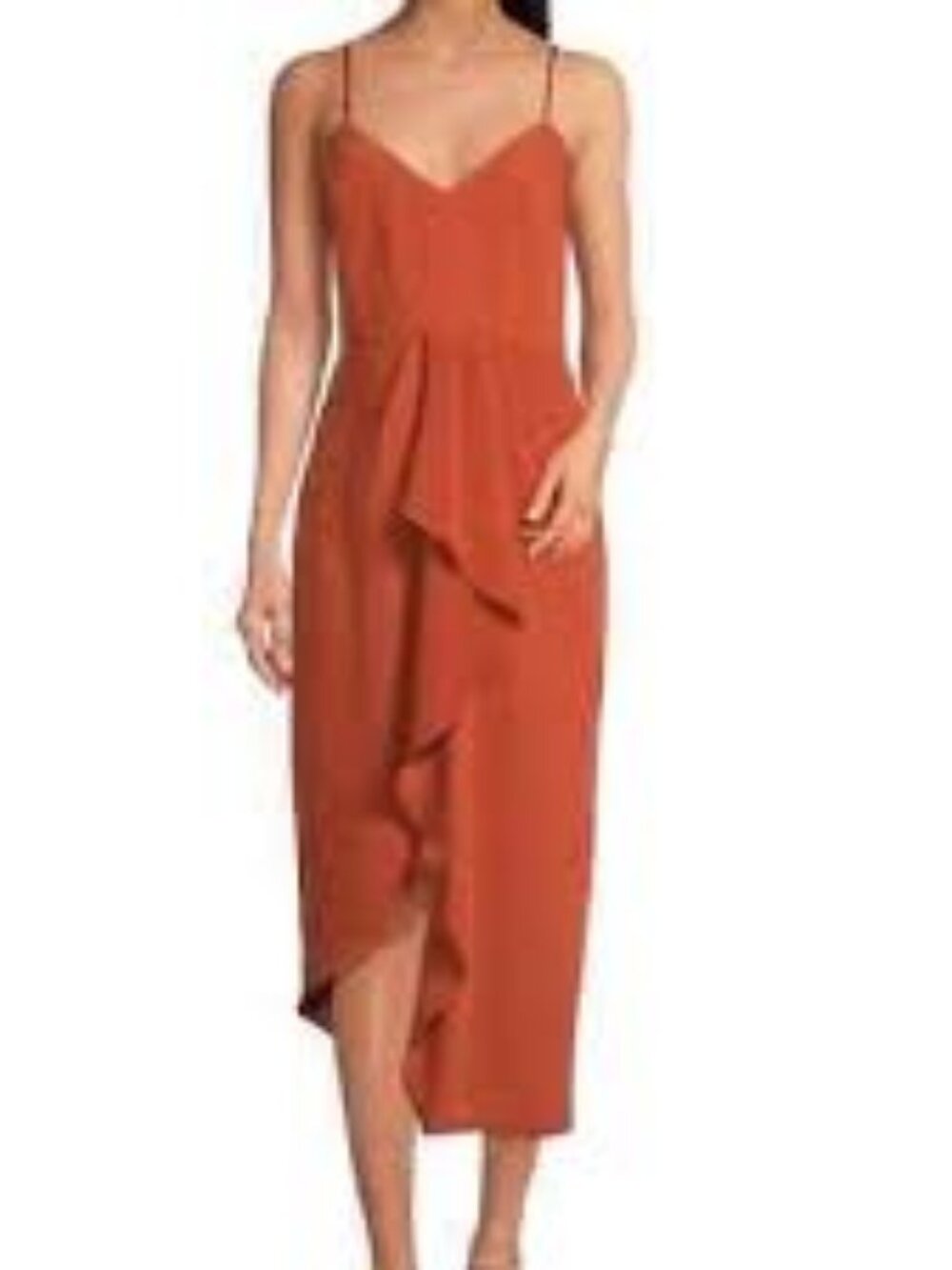 Gianni Bini Size 4 Deep Terra Cotta Spaghetti Strap Ruffle Midi Dress